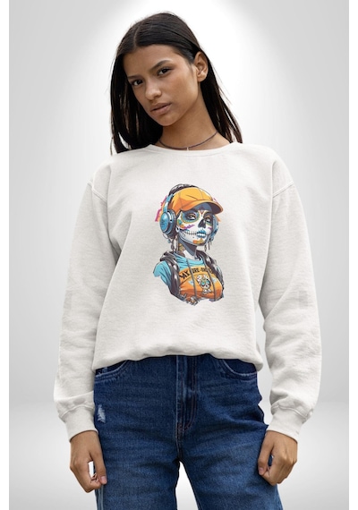 Robot Kız Müzik Kulaklık Şapka Unisex Beyaz Baskılı Sweatshirt Beyaz