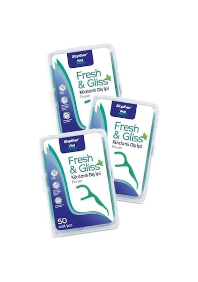 Stopever Fresh & Gliss Kürdanlı Diş İpi 3&apos Lü Paket 150 Adet Nane Aromalı Diş Arası Temizliği, Ağız Hijyeni Ve Günlük Kullanım İçin İdeal Plastik Kutulu Ve Taşıma Kılıflı Hediyeli