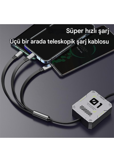 Zuidid - Fc151 - 3 Ü 1 Arada 100w 3a Hızlı Şarjlı 1.2 Metre Geri Çekilebilir Çoklu Şarj Kablosu (Şarj Kablosu)-Evet