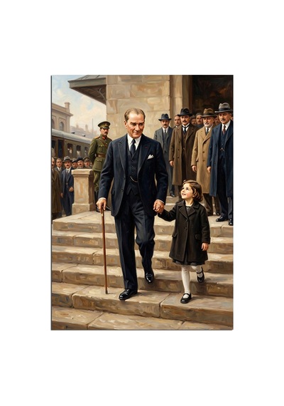 Merdivenlerde El Ele Atatürk Ve Kız Çocuğu Dekoratif Kanvas - Mdf Ahşap Tablo Çok Renkli