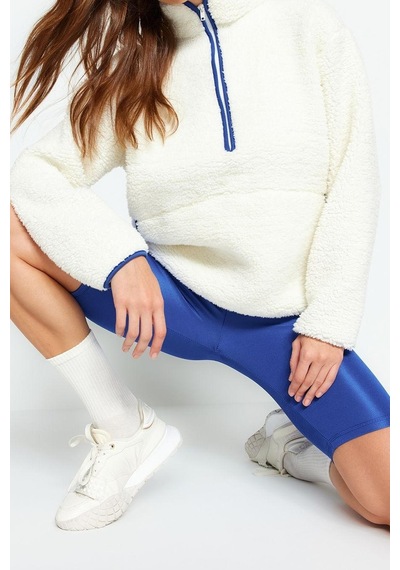 Ersefa Tarz Regular Dik Yaka Düşük Kol Regular Peluş Örme Spor Sweatshir beyaz