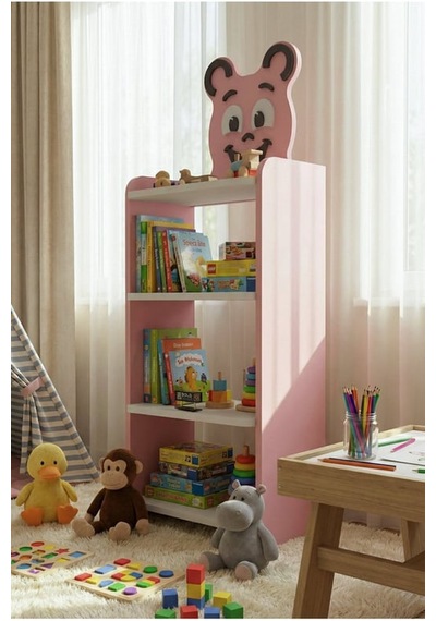 Reyo Falez Çocuk Kitaplık Happy Face 4 Raflı Sevimli Figürlü Düzenleyici Raf Sistemi - 8025 Pembe