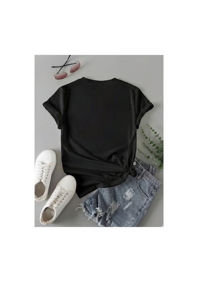 Kadın Time To Travel Baskılı %100 Pamuklu T-shirt Siyah