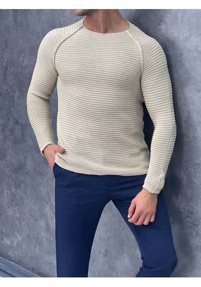 Modefendi Slim Fit İtalyan Kesim Pamuk Açık Yaka Kazak Krem