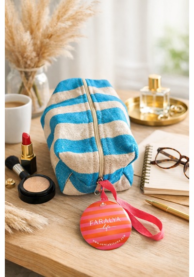 Faralyalife Çizgili Fermuarlı Taşıma Kulplu Makyaj Çantası 20x20 Cm %70 Pamuk %30 Polyester Kozmetik Kadın Makyaj Çantası