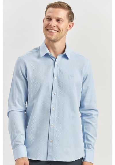 İmza Mavi Uzun Kol Kendinden Desenli Armürlü 032 Sert Yaka Casual Slim Fit Gömlek 1004240249 Mavi