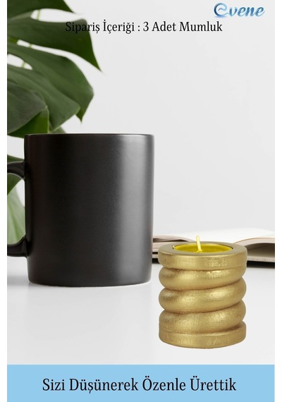 Eskitme Mumluk Şamdan 3 Adet Tealight Ve İnce Mum Uyumlu Spiral Model - Altın
