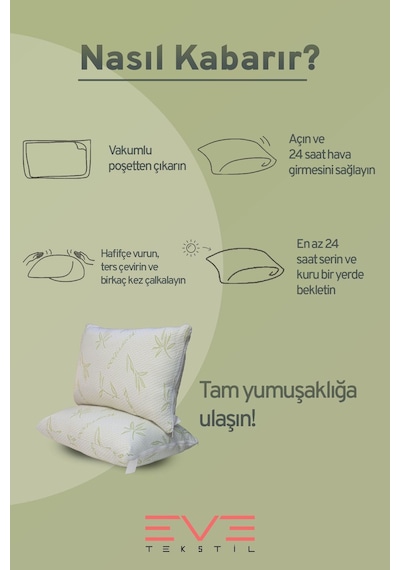 Eve Tekstil 2 Adet Bamboo Serisi Kılıflı Fermuarlı Yıkanabilir Antialerjik Silikon Elyaf Yastık 50x70cm 800 Gr Yeşil