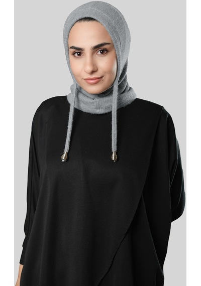 Hürrem Bone Gri Bağcıklı Peluş Balaklava Boyunluklu Bere Jakar Düz 2327 15 Gri
