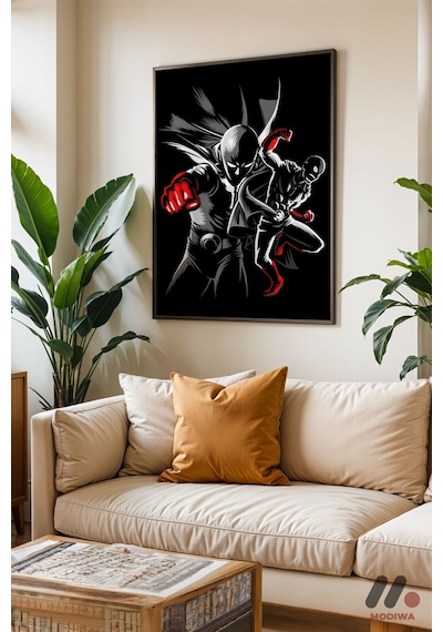 One Punch Man Siyah Poster, Siyah Çerçeveli Duvar Tablosu - Anime Severlere Özel Hediye