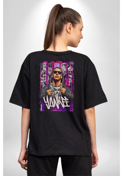 Daddy Yankee Müzik Star Pamuklu Kadın Erkek Oversize Sırt Dijital Baskılı Siyah T-shirt Siyah