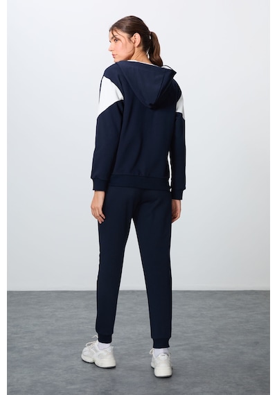 Tommy Life İndigo Kompakt Pamuklu Kalın Pürüzsüz Dokulu Kapüşonlu Oversize Fit Kadın Eşofman Takım - 95343 Indıgo