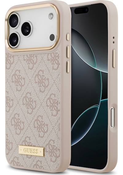 Apple Uyumlu iPhone 17 Pro Max Kılıf Guess Lisanslı M-safeli 4g Desenli Pu Metal Plaka Klasik Logolu Pembe Pembe