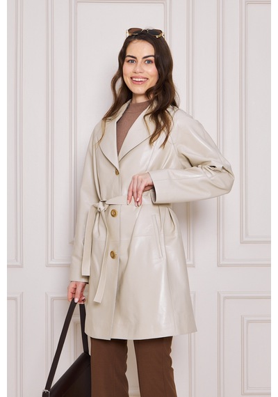 M M Marki Marki Kadın Hakiki Deri Trençkot Bej, V Yaka, Kuşaklı, Düğme Kapamalı, Oversize, 90 Cm - 117122