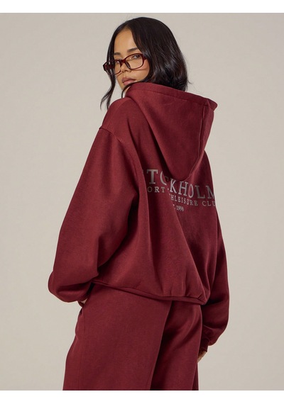 Macklin Unisex Kadın Erkek Stockholm Baskılı Oversize 3 Iplik Kapüşonlu Sweatshirt Ve Baggy Eşofman Altı Bordo