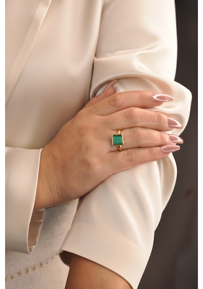 Kadir Jewellery 22 Ayar Altın Kaplama Zirkon Taşlı Kadın Minimal Yüzük Açık Yeşil 83779909