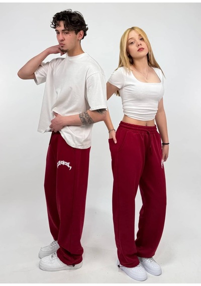 Zaee Syncl Yazlık Nakışlı Ayarlanabilir Baggy Eşofman Altı Bordo