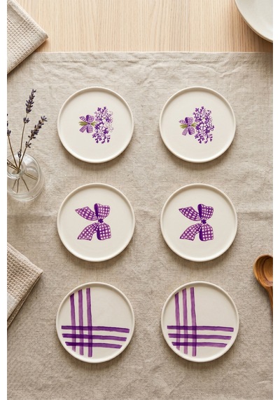 Lila Gift 6 Lı Seramik Pasta Tabağı 20 Cm Lila Desenli 6 Kişilik Tatlı Sunum Servis Tabak Seti Beyaz