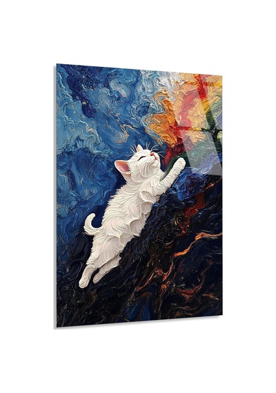 Beyaz Kedi Tırmanıyor - Cam Tablo - Deg1533 70 X 110 Cm