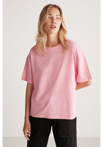 Grımelange Jemmy Kadın %100 Organik Pamuk Relaxed Fit Yırtmaçlı Yuvarlak Yakalı Açık Pembe T-shirt