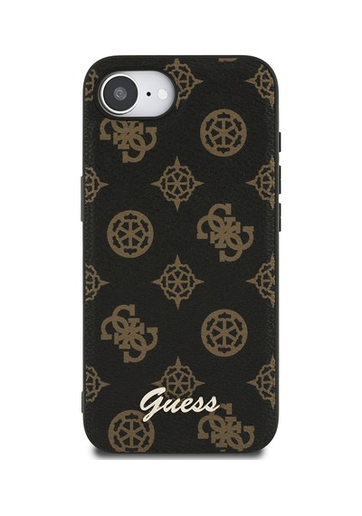 Apple iPhone 16e Uyumlu Kılıf Guess  Lisanslı M-safe Şarj Özellikli Yazı Logolu Peony Kapak Siyah