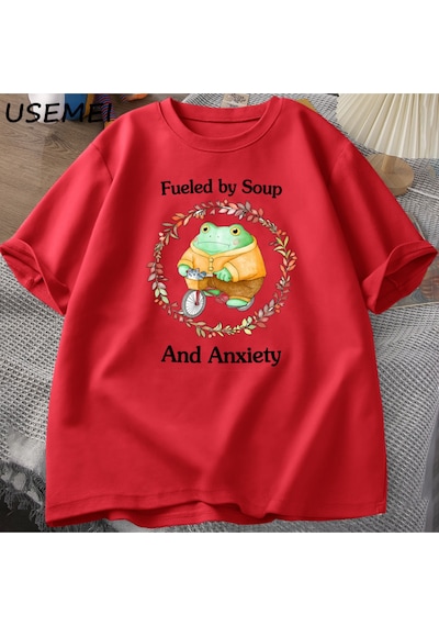 Flood Of Style Çorba Ve Anksiyete T-shirt Komik Kurbağa Grafik Tshirt Pamuk Kısa Kollu T Shirt Unisex Baskıl Kırmızı