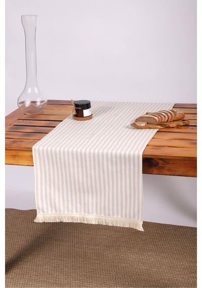Dnc Home Tekstil Ndchome Keten Çizgili Püsküllü Runer Masa Örtüsü Açık Kahverengi 45 x 150