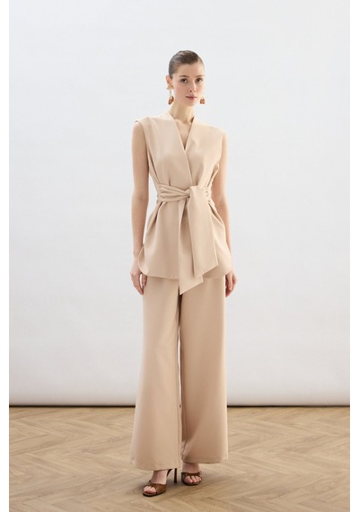 Sateen Kalın Kuşaklı Yelek - Bej-136857 Bej