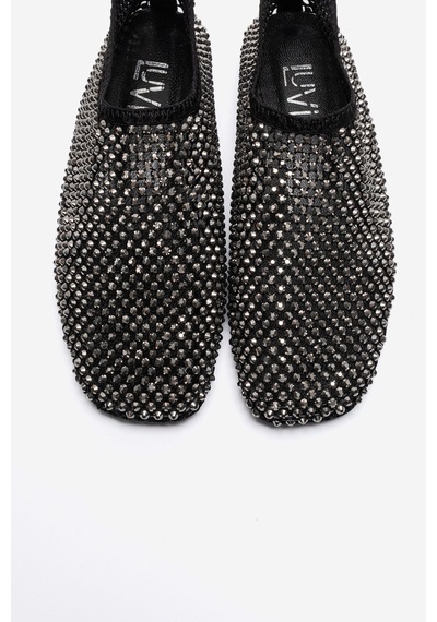 Luvishoes Urela Siyah Örgü Taşlı Hakiki Deri Kadın Babet Ayakkabı