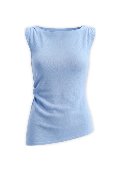 Qoolest Kadın Fuşya Kayık Yaka Kolsuz Yan Büzgülü Drapeli Asimetrik Slim Fit Bluz Mavi