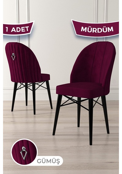 Canisa Ritim Serisi 1 Adet Mürdüm Sandalye 1.sınıf Babyface Ithal Kumaş Siyah Gürgen Ayak Gümüş Halkalı Sandalye Mürdüm Ayaklar Siyah