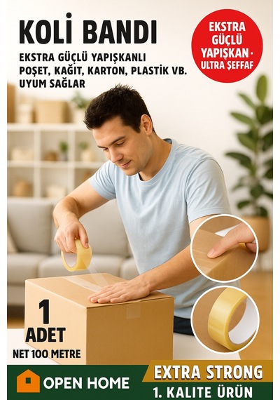 Open Home 100 Metre Şeffaf Koli Bandı Extra Strong 40 Micron Kalınlık, Güçlü Yapışkan Diğer