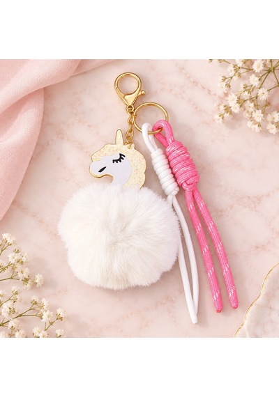 Pembe-beyaz Unicorn Ponponlu Çanta Charmı