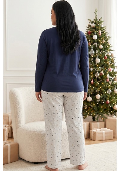 Siyah İnci Pamuklu Likralı Büyük Beden Battal Boy Örme Pijama Takım 26240937 Lacivert