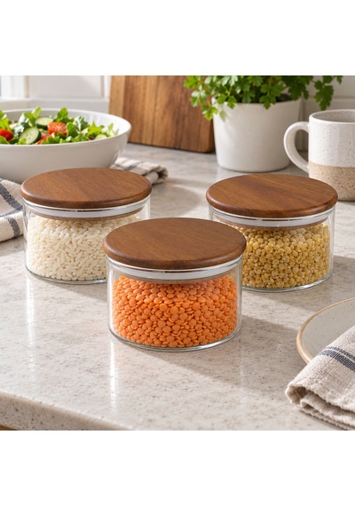 Akasya Kapaklı Cam Kavanoz 450 Ml- Üçlü Set Kahverengi