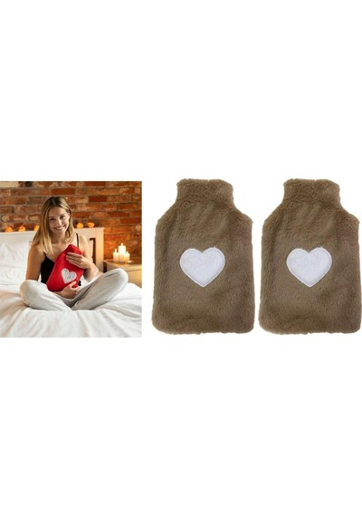 2 Adet Sıcak Su Torbası Peluş Kalpli,bej Termofor 27x17cm 1 Litre Bej