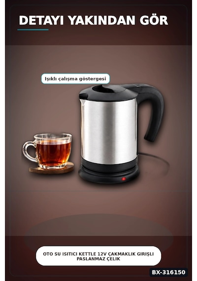 Oto Su Isıtıcı Kettle 12v Çakmaklık Girişli Paslanmaz Çelik Seyahat Tipi Bx-316150