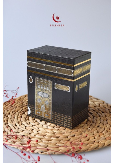 Kabe Desenli Kuranı Kerim-seccade-zikirmatik- Tesbih Hac & Umre Hediyelik Seti Siyah Siyah-beyaz