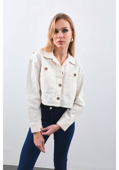 Kadın Ekru Crop Kesim Jean Ceket ekru