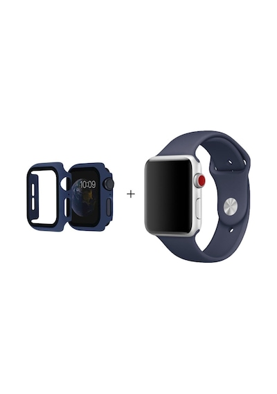Apple Watch Uyumlu Se 1.2.3.4.5.6 Nesil 38 Mm M/l Beden Gece Mavi Silikon Kordon+kasa Koruyucu