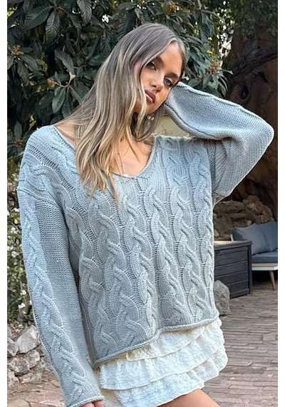 Madmext Gri V Yaka Örgü Desen Oversize Kadın Kazak Mg2519 Gri