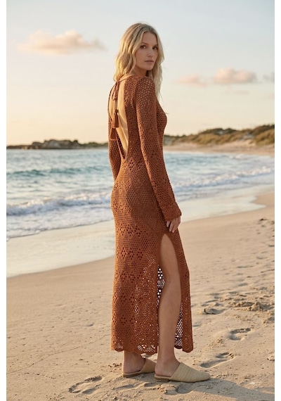 Neden Tekstil Ajurlu Sırt Dekolteli Uzun Beachwear Elbise - Camel