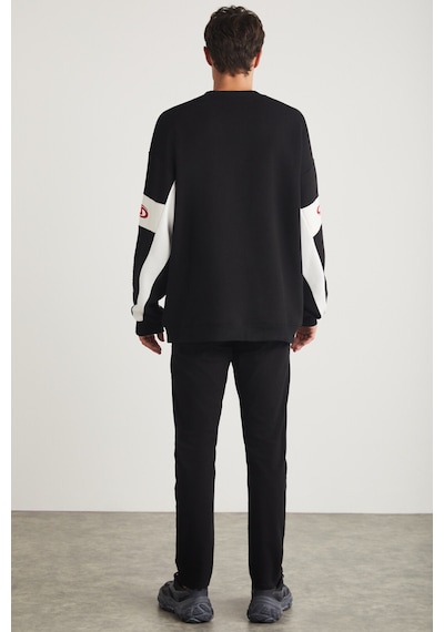 Grımelange Breez Erkek Organik Pamuklu Oversize Parçalı Spor Baskı Detaylı Bisiklet Yaka Siyah Sweatshirt