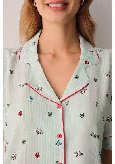Suwen Smile Gömlek Yaka Pijama Takımı Sh26503660b892 Yeşil