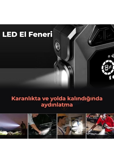 Q18 Jump Starter Akü Takviye Cihazı Hava Kompresörlü Powerbank 12000 Mah 4'ü 1 Arada