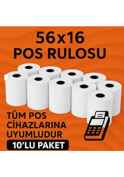 56x16 Termal Pos Kağıdı Rulosu 10'lu - Tüm Pos Cihazlara Uyumlu