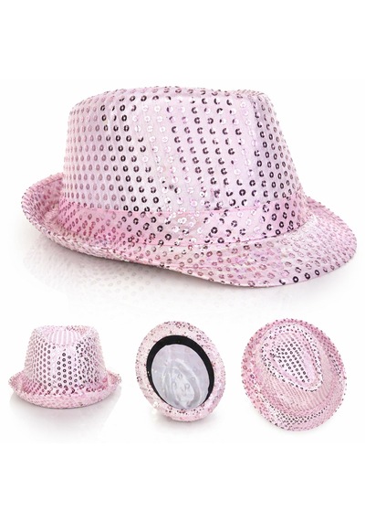 Pembe - 93 - Payetli Disco Parti Şapkası Yetişkin Işıltılı - Csmo-tex - Fötr Model