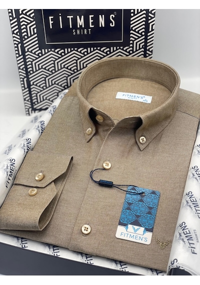 Slim Fit Uzun Kol Pamuklu Hediye Kutulu Kolay Ütülenebilir Erkek Gömlek Fs-002225 - Kahverengi-2806