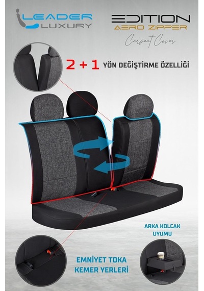 Citroen C5 Aircross İle Uyumlu Lüx Deri Detaylı Keten Oto Koltuk Kılıfı Ön Arka Takım Edition Serisi Siyah Genel