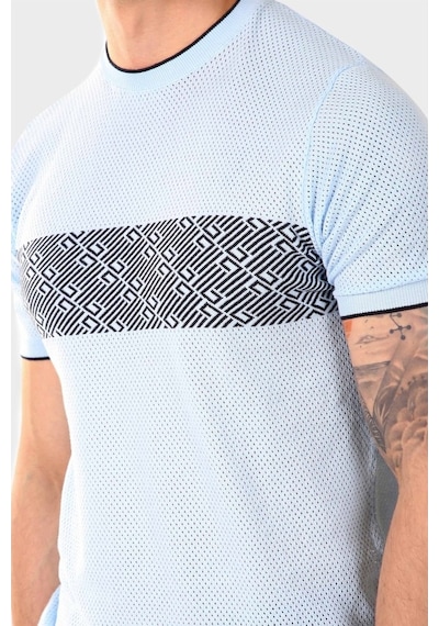 Ferraro Erkek Desenli Delikli Bisiklet Yaka Triko T Shirt - Mavi-Mavi